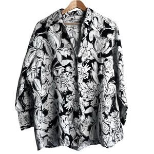 Harve Benard 1X Black White Floral Button Down Linen Cotton Top